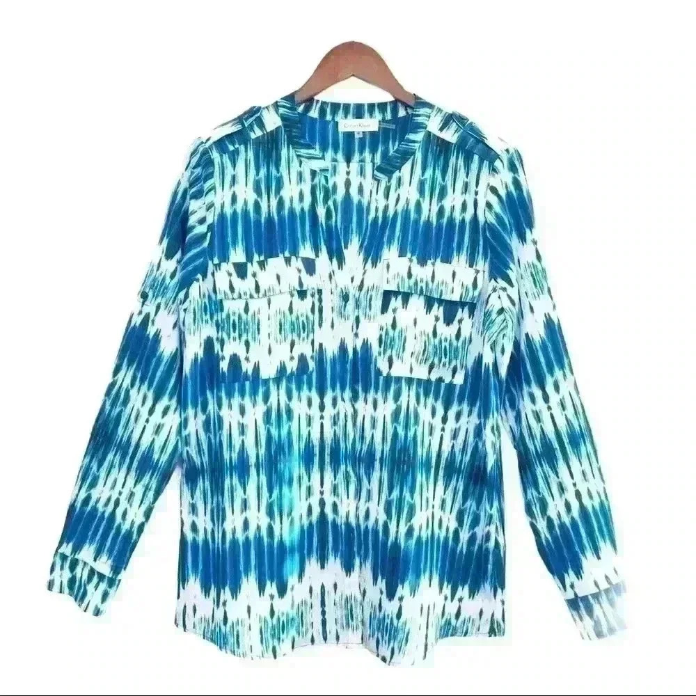 🌈 6/$60, Calvin Klein Long Sleeve, Batik Print, Blu/Wht, Medium